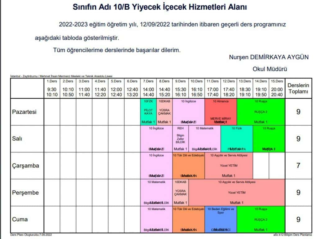 9 VE 10 SINIF DERS PROGRAMLARI Zeytinburnu M İhsan Mermerci