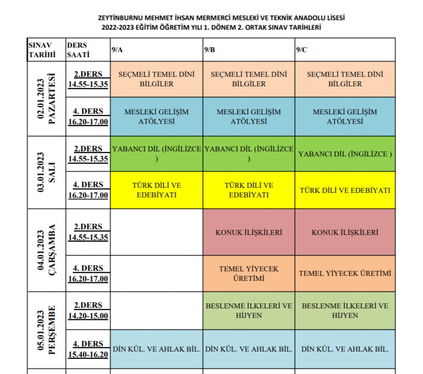 2022-2023 1. DÖNEM 9. VE 10. SINIF ORTAK SINAV TAKVİMİ - Zeytinburnu M ...